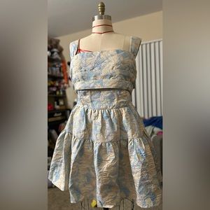 ASOS LUXE Curve jacquard skater mini dress in pale blue & pale pink